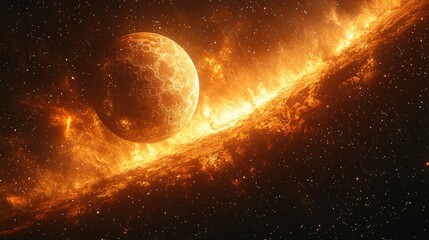 Planet or moon with fiery ring in space dark background.