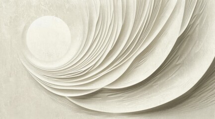 abstract layered white and beige curved shapes radiating from a central circular form with soft shadows creating a sense of depth and calmness