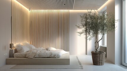 Minimalist bedroom design with wooden accents and a potted tree.