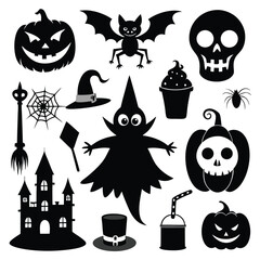 A collection of black silhouette vector illustrations depicting various Halloween-themed elements.
