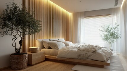 Fototapeta premium Modern bedroom interior with wooden accents and plants.
