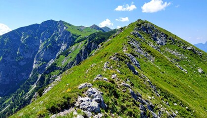 Mountain Ridge Landscape with Green Grass and Rocks