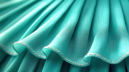 Teal fabric, pleated, adorned with small crystals. Close-up of a tiered skirt