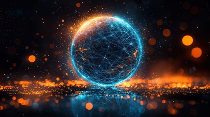 Obraz premium Glowing sphere with network connections and orange bokeh lights on a dark background.
