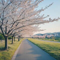 Obraz premium Cherry blossom landscape. Spring landscape. Warm spring air. Spring landscape photo. AI generated.