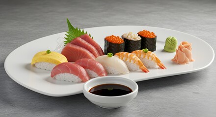 A white plate filled with assorted sushi rolls sashimi wasabi and ginger on a gray surface top view