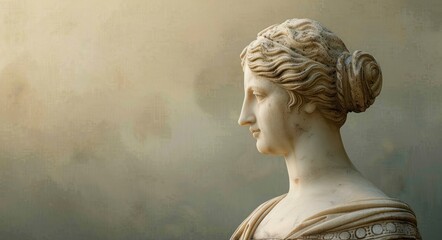 Side profile of a classical female marble statue with intricate hair bun and detailed draped clothing against a neutral warm background, evoking calm and timeless beauty