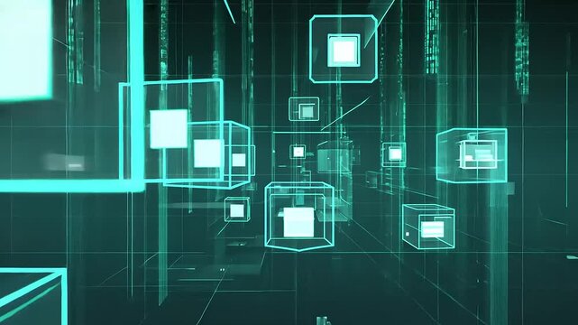 Futuristic digital landscape with glowing cubes and binary codes in a virtual data environment
