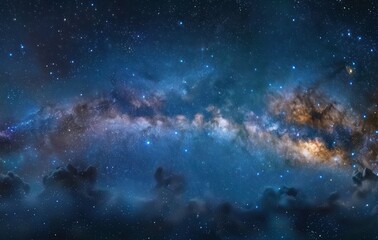 Fototapeta premium Expansive night sky filled with bright stars and a glowing milky way galaxy stretching across the horizon above dark, misty clouds invoking a sense of awe and wonder
