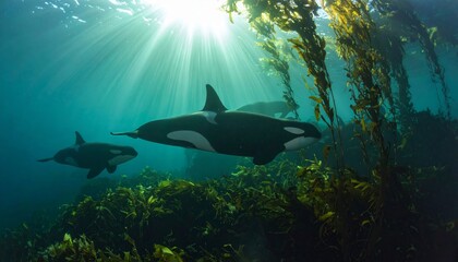 Three Marine Mammals Swimming in a Kelp Forest Bathed in Sunlight