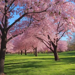 Cherry blossom landscape. Spring landscape. Warm spring air. Spring landscape photo. AI generated.