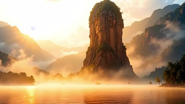 Sunrise Mist Veiling Ancient Stone Tower on Serene Lake
