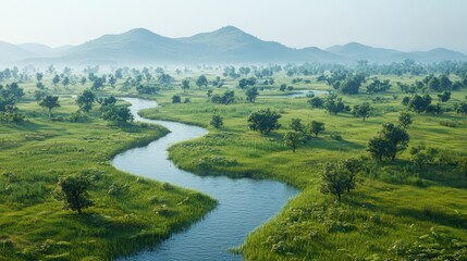 Serene river winds through a grassy landscape