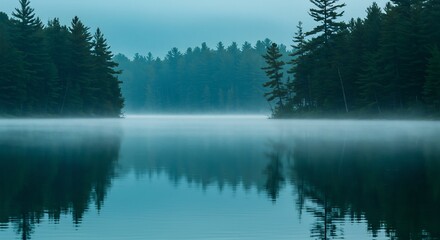 Peaceful Lake Scene with Fog and Reflections in the Early Morning