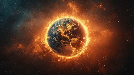 Obraz premium Planet earth surrounded by flames in space global warming concept.