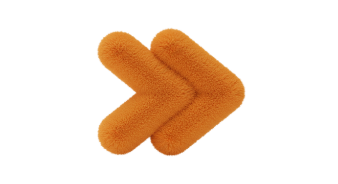 Orange fuzzy double arrow pointing right on a black background in a studio shot view