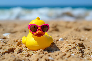 Obraz premium Cheerful Yellow Rubber Duck with Pink Sunglasses on Sandy Beach