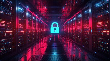 Fototapeta premium A glowing padlock symbol in a server room represents data security.