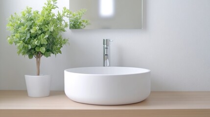 Modern bathroom vanity with a round sink and small plant