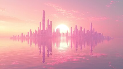 Skyline reflects onto the pink, vibrant ocean at sunset