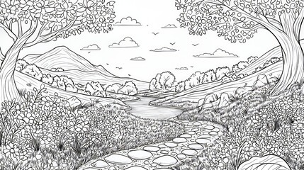 Serene Landscape Coloring Page Featuring Trees, Stream, and Mountains
