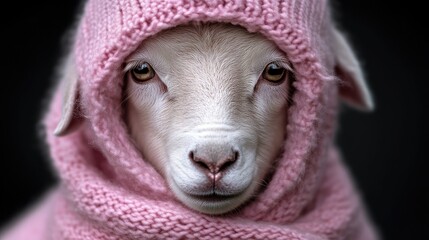 Naklejka premium Close-up portrait of a cute white lamb wearing a cozy pink knitted hood against a dark background.