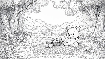 Naklejka premium Cute Teddy Bear in a Serene Forest Setting with Apples and Blanket