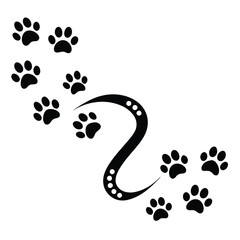 A winding trail of black paw prints across a white surface.