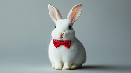 On a light gray background, a charming white rabbit wearing a red bow tie