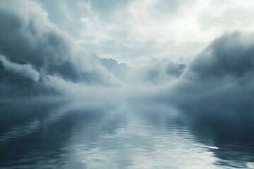 Obraz premium Misty mountain valley scene with calm lake.