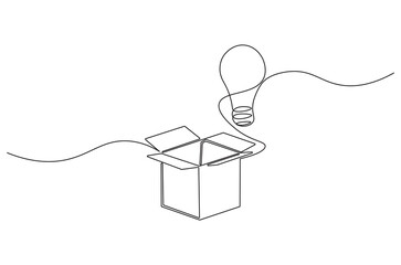 Obraz premium Continuous one line drawing of Opened box with light bulb. Single line drawing illustration of Think Outside The Box. Creative idea concept vector art. Doodle line illustration.