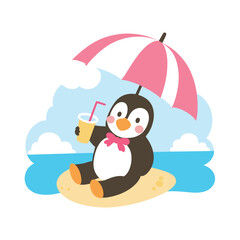 Cartoon Happy Penguin Mascot Sitting on Beach with Drink Under Umbrella Clipart