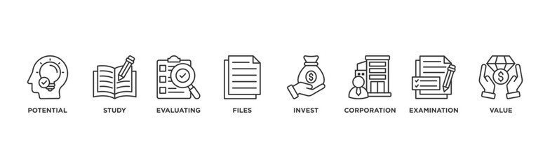 Due diligence banner web icon illustration concept with icon of potential, study, evaluating, files, invest, corporation, examination and value