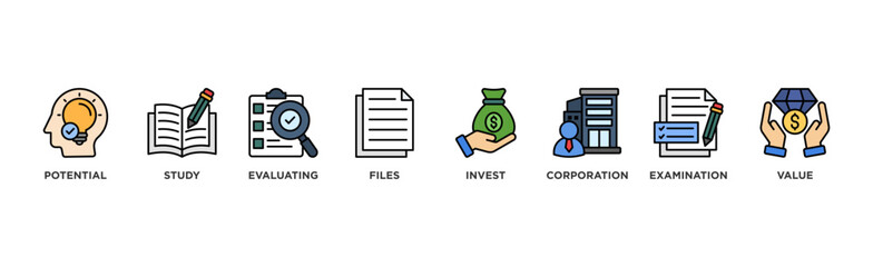 Due diligence banner web icon illustration concept with icon of potential, study, evaluating, files, invest, corporation, examination and value