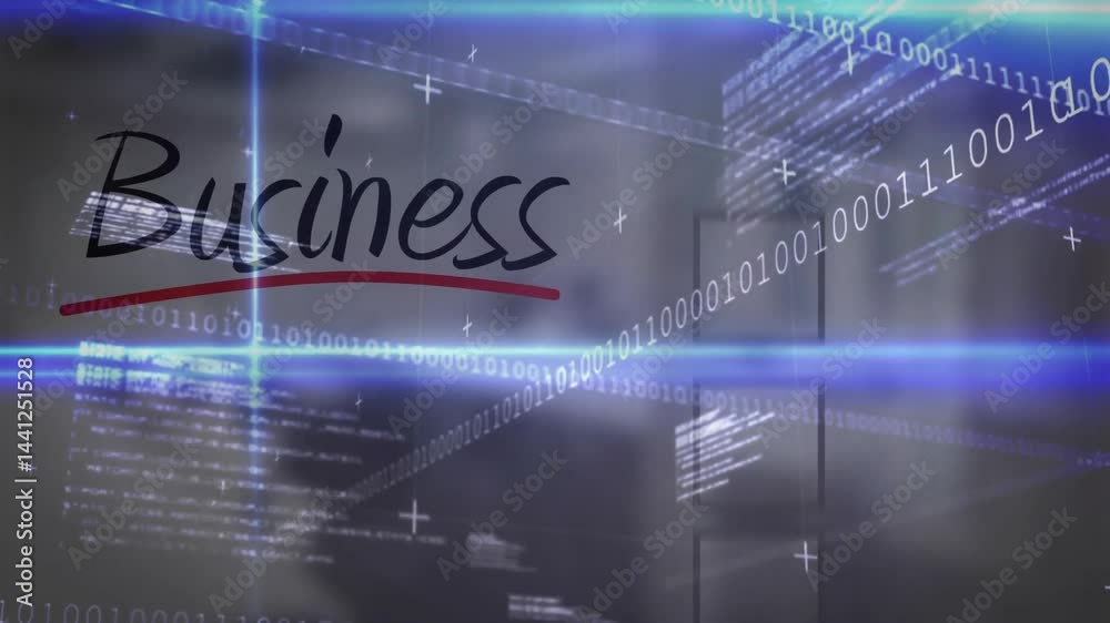 Aufkleber Floating Business script underlining red over interface with binary streams and transparent frames