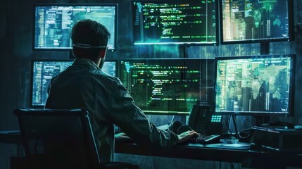 Fototapeta premium Person sitting in a dark room working intensely on multiple computer monitors displaying code and data visualizations, creating a focused and tech-driven atmosphere