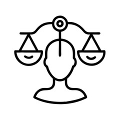 Minimalist black outline icon of human head with balanced scales above, symbolizing justice, ethics and decision-making on white background