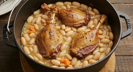 Close up of cassoulet with duck confit and white beans in a cast iron pot ready to be served
