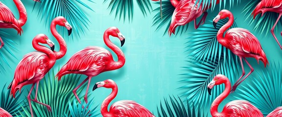 Pink flamingos & turquoise palm leaves in a tropical grunge seamless pattern, ocean, leaves