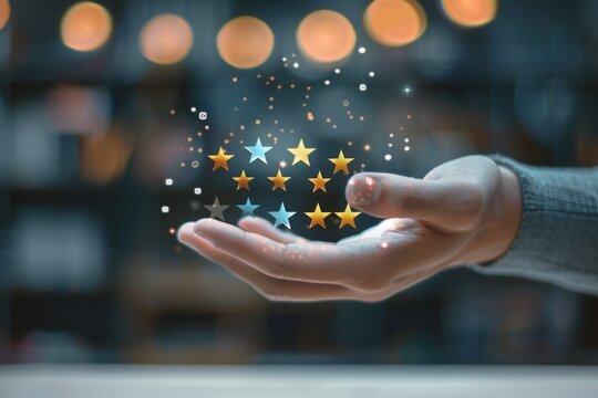 Hand holding and presenting floating colorful glowing stars with soft background lights, conveying appreciation and quality