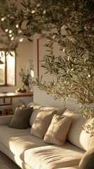 Sunny room interior. Sofa, foliage, and window glow warmly