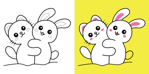 rabbits hug of animal , children's coloring book. Coloring book with cute cartoon animal pictures. Vector illustration with colored background.