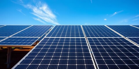 Rows of solar panels against a vibrant blue sky, clean energy , technology, solar energy