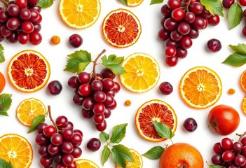 Seamless pattern featuring red wine grapes and assorted citrus fruits on a white background, ample empty space, wallpaper, white background