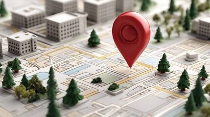 City map with a map GPS pin, trees, and buildings, emphasizing local SEO strategies for improved business location visibility.