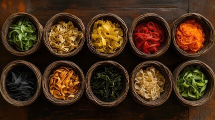 Colorful assortment of various raw pasta types arranged in rustic baskets on wooden surface