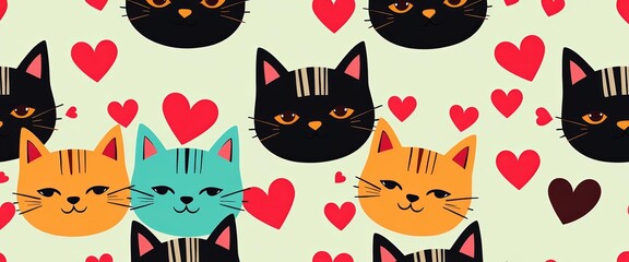 Seamless retro cartoon cool cat pattern with heart symbols, wallpaper, pattern