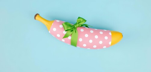 Pink polka dot wrapped banana with green bow on blue background, polka dot, pastel