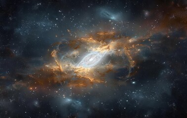Fototapeta premium vast spiral galaxy emitting bright blue and warm orange glowing gases surrounded by countless distant stars in deep space, evoking a sense of cosmic wonder and infinite mystery