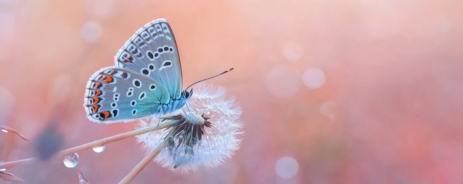 Fototapeta Delicate light blue butterfly on a dandelion.